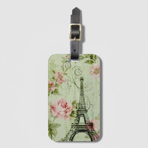 chic spring mint pink floral paris eiffel tower luggage tag