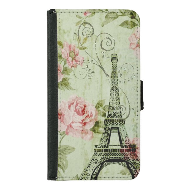 chic spring mint pink floral paris eiffel tower samsung galaxy wallet case (Front)