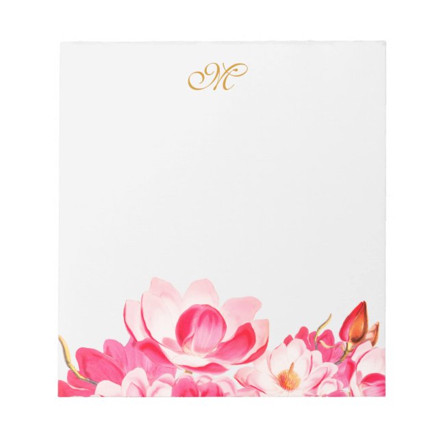 Chic Spring Pink Magnolias Floral Monogram Notepad (Front)