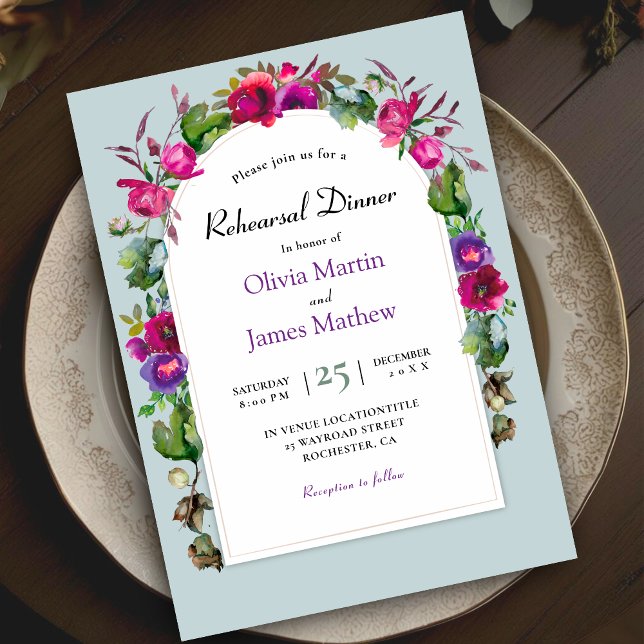 Chic spring pink purple flowers rehearsal dinner invitation (Creator Uploaded)
