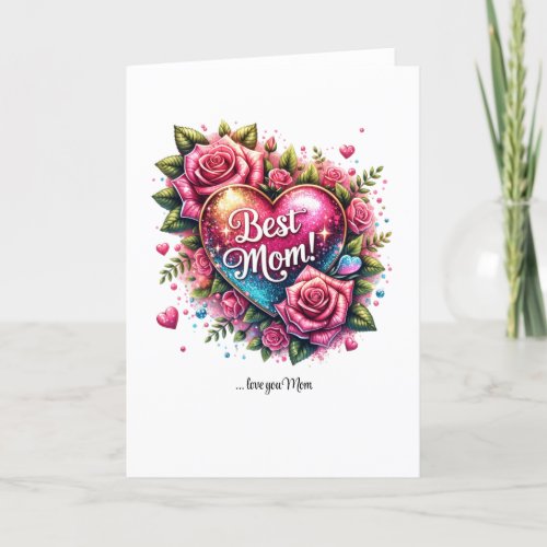 Chic spring roses wreath glitter heart Best Mom Holiday Card