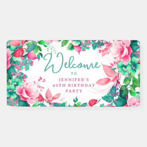 Chic Spring Summer Watercolor Floral 40 Birthday  Banner