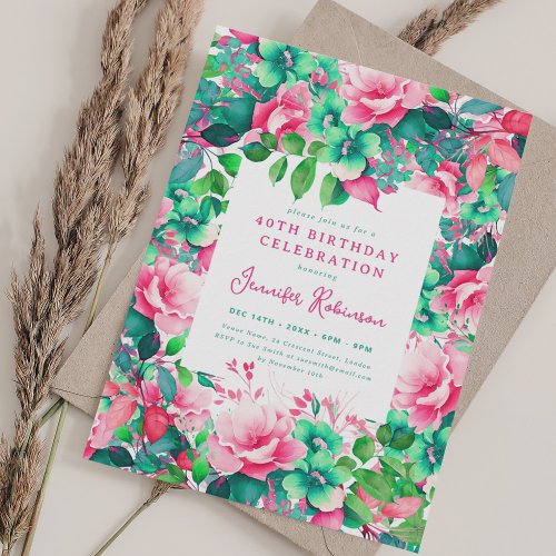 Chic Spring Watercolor Floral 40th Birthday Party  Invitation