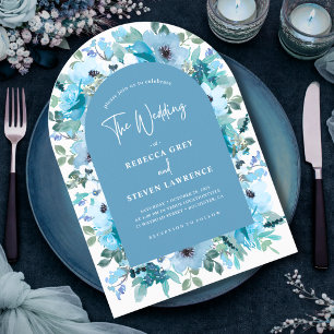 Chic spring white dusty blue flowers wedding arch invitation