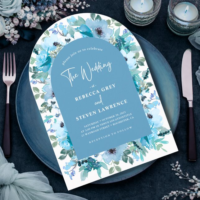 Chic spring white dusty blue flowers wedding arch invitation (Creator Uploaded)
