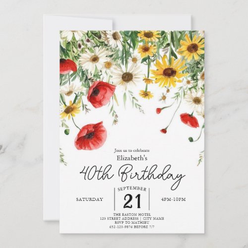 Chic Spring Wildflowers 40th birthday Invitation