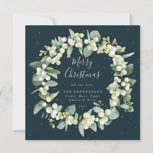 Chic Square Snowberry+Eucalyptus Christmas Wreath  Holiday Card (Front)