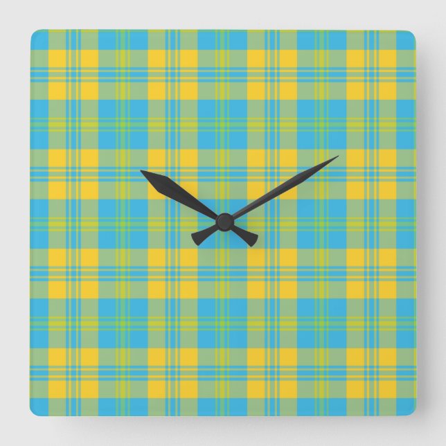Chic Square Wall Clock: Blue, Yellow, Green Plaid Clock (Front)