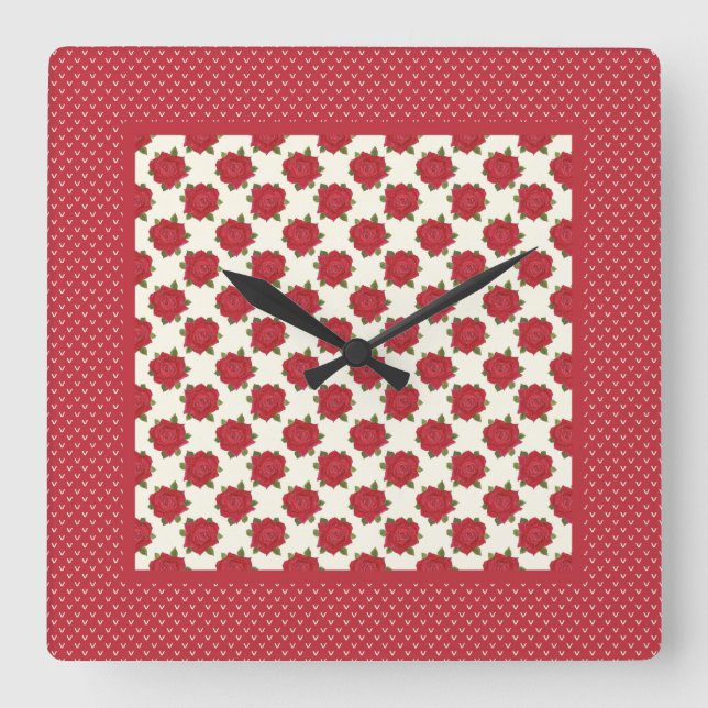 Chic Square Wall Clock: Deep Red Roses Clock (Front)