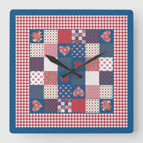 Chic Square Wall Clock Faux_Patchwork Gingham Square Wall Clock