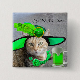 CHIC ST.PATRICK'S DAY CAT,GREEN ROSES,IRISH BEER BUTTON