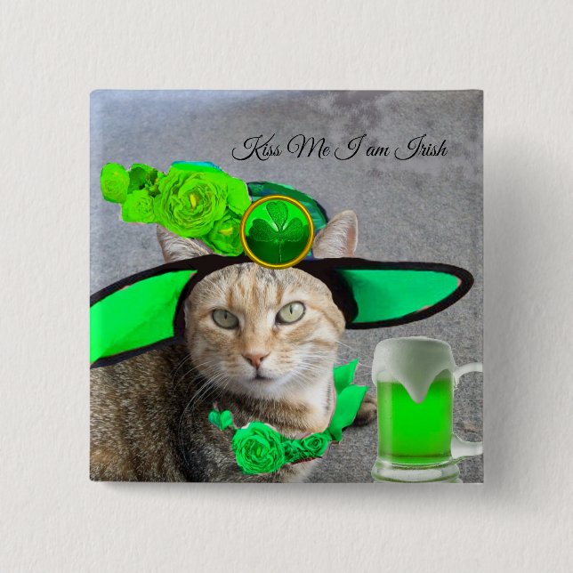 CHIC ST.PATRICK'S DAY CAT,GREEN ROSES,IRISH BEER BUTTON (Front)