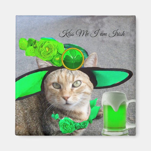 CHIC ST.PATRICK'S DAY CAT,GREEN ROSES,IRISH BEER MAGNET (Front)