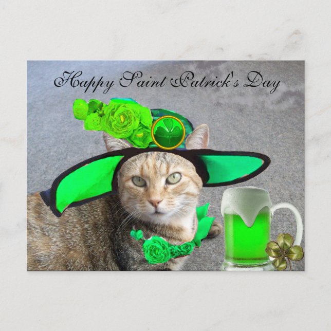 CHIC ST.PATRICK'S DAY CAT,GREEN ROSES,IRISH BEER POSTCARD (Front)