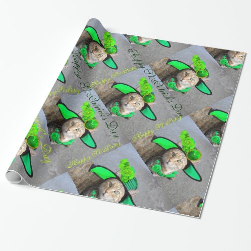 CHIC STPATRICKS DAY CAT WITH HATGREEN ROSES WRAPPING PAPER