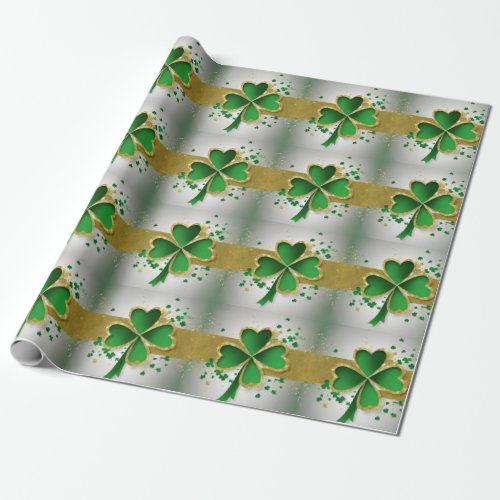 Chic St Patricks Day Silver Green Shamrock Clover Wrapping Paper