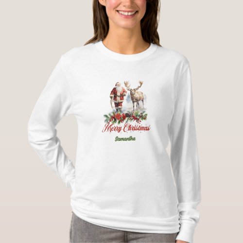 Chic standard red and green Santa with reindeer T_Shirt