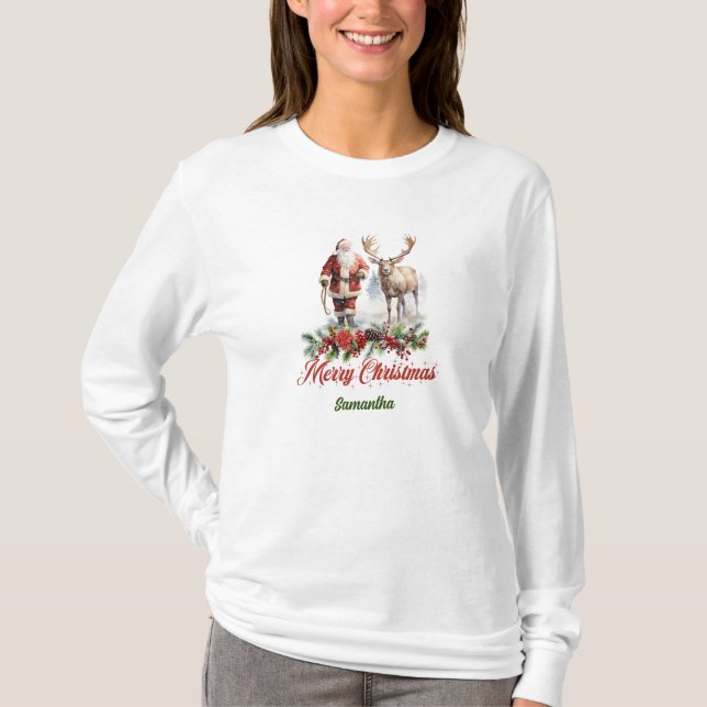 Chic standard red and green Santa with reindeer T-Shirt (Front)