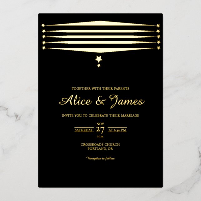 Chic Star Lines Elegant Black Gold Foil Wedding Invitation (Front)