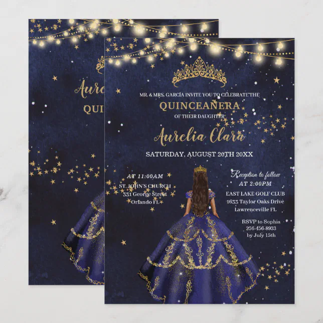 Chic Starry Night Navy Blue Dress Gold Quinceaera Invitation | Zazzle