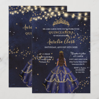 Chic Starry Night Navy Blue Dress Gold Quinceañera Invitation