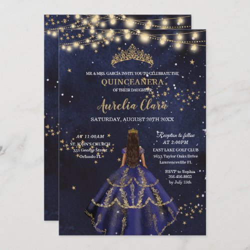 Chic Starry Night Navy Blue Dress Gold Quinceaera Invitation