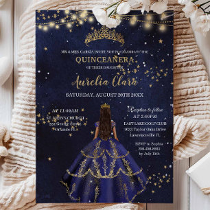 Chic Starry Night Navy Blue Dress Gold Quinceañera Invitation