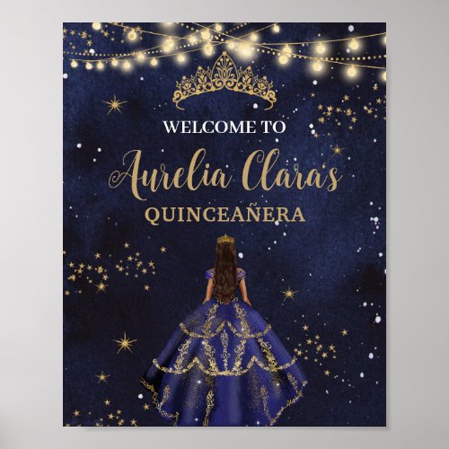 Chic Starry Night Navy Blue Dress Gold Quincea&#241;era Poster
