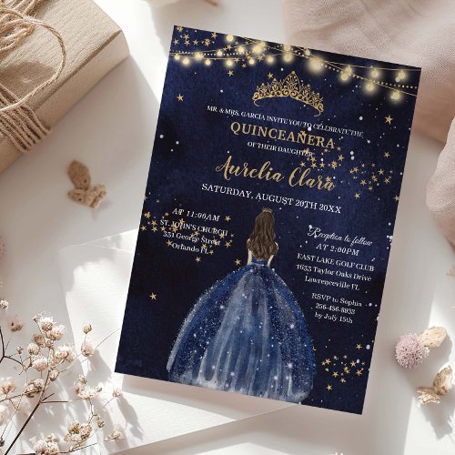Chic Starry Night Navy Blue Gown Gold Quinceañera Invitation