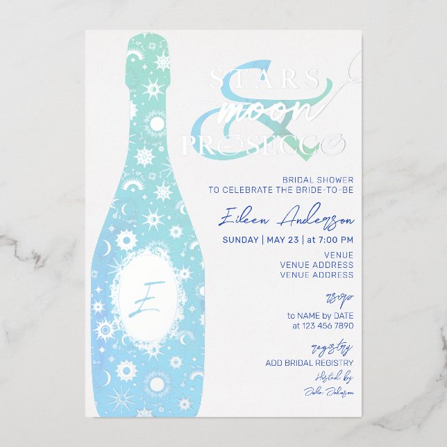 Chic Stars Moon & Prosecco Celestial Bridal Shower Foil Invitation (Front)