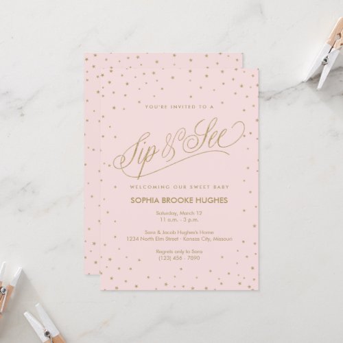 Chic Stars Pink Baby Girl Sip and See Shower Invitation