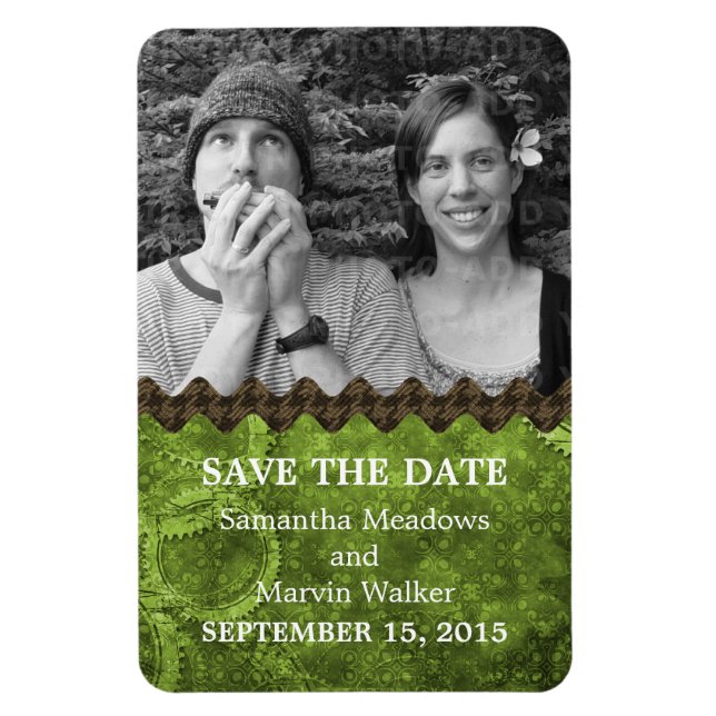 Chic Steampunk Photo Save the Date Magnet, Green Magnet (Vertical)