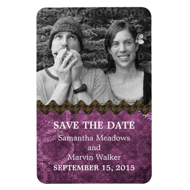 Chic Steampunk Photo Save the Date Magnet, Purple Magnet (Vertical)
