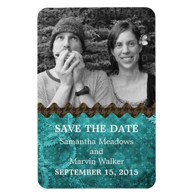 Chic Steampunk Photo Save the Date Magnet, Teal Magnet (Vertical)