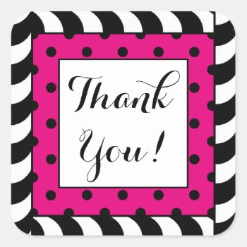 Chic Sticker-thank Youb_black/white Stripes Pink Square Sticker by GiftMePlease at Zazzle