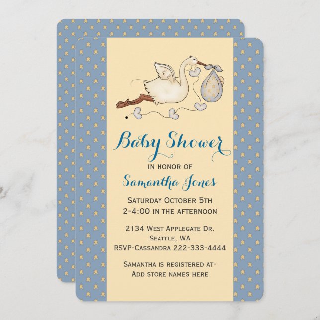 Chic Stork Baby Boy Shower Invitation (Front/Back)