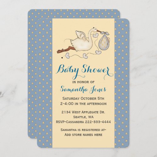 Chic Stork Baby Boy Shower Invitation