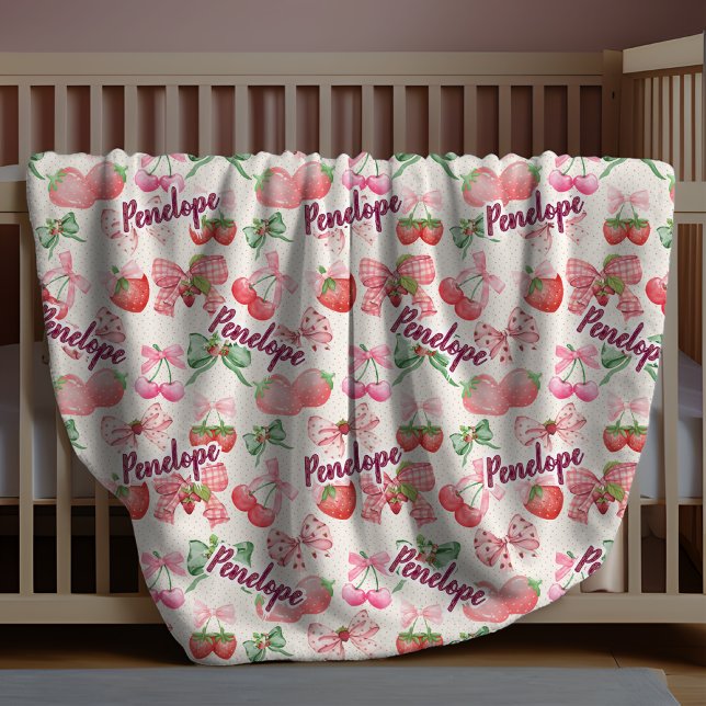 chic strawberries coquette bow repeating name pink fleece blanket (Creator Uploaded)