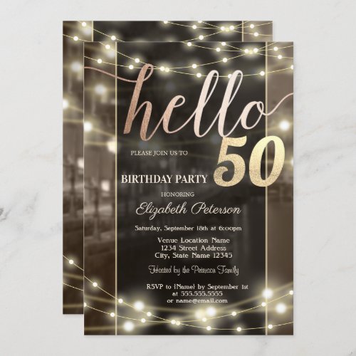 Chic String Lights Black 50th Birthday Party Invitation