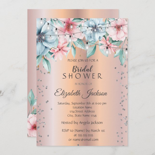 Chic String Lights,Diamonds Floral Bridal Shower Invitation (Front/Back)
