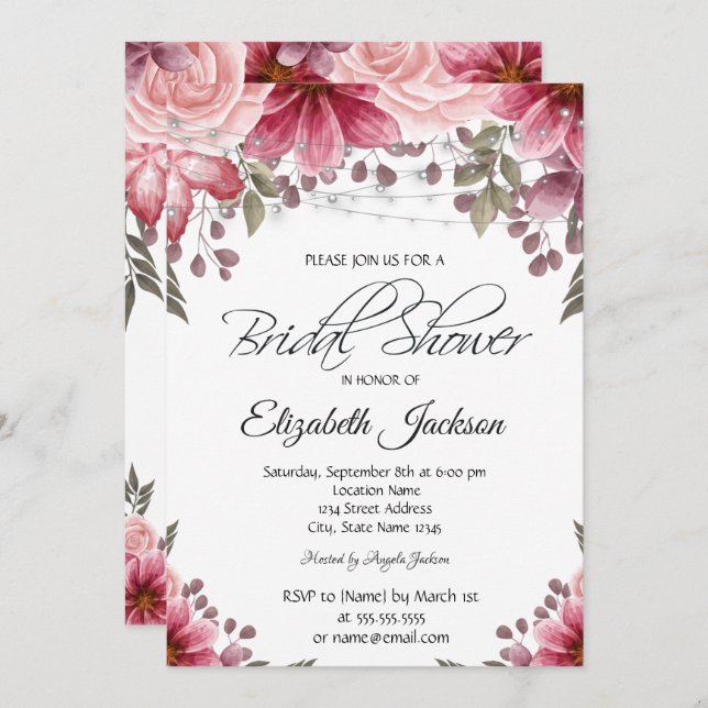 Chic String Lights Floral Bridal Shower Invitation (Front/Back)
