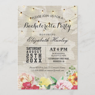 Chic String Lights Linen Floral Bachelorette Party Invitation