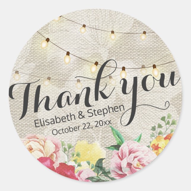 Chic String Lights Linen Floral Wedding Thank You Classic Round Sticker (Front)