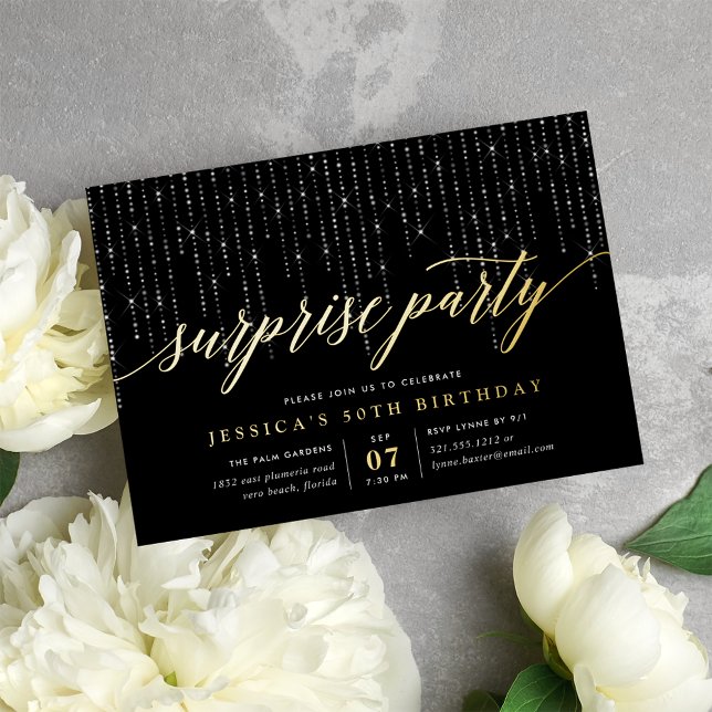 Chic String Lights Surprise Party Foil Invitation (Creator Uploaded)