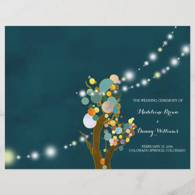 Chic String Lights Teal Wedding BiFold Program (Front)