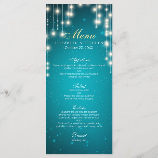 Chic String Lights Turquoise Glitter Wedding Menu (Front)