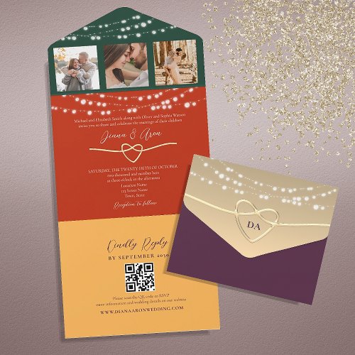 Chic String Lights Wedding QR Code All In One Invitation