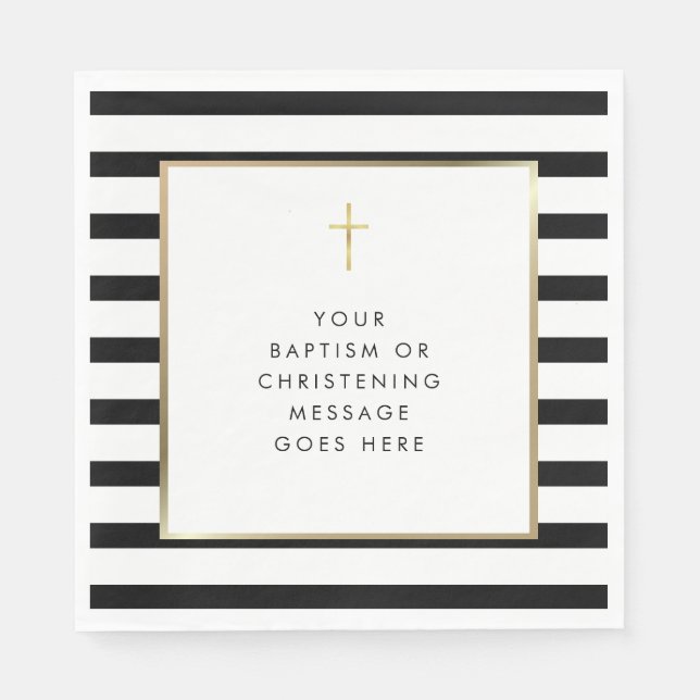 Chic Stripe Gold Cross Baptism Christening Message Napkins (Front)