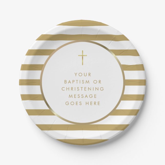 Chic Stripe Gold Cross Baptism Christening Message Paper Plates (Front)