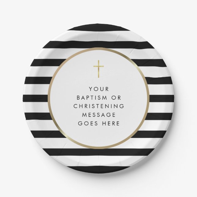 Chic Stripe Gold Cross Baptism Christening Message Paper Plates (Front)